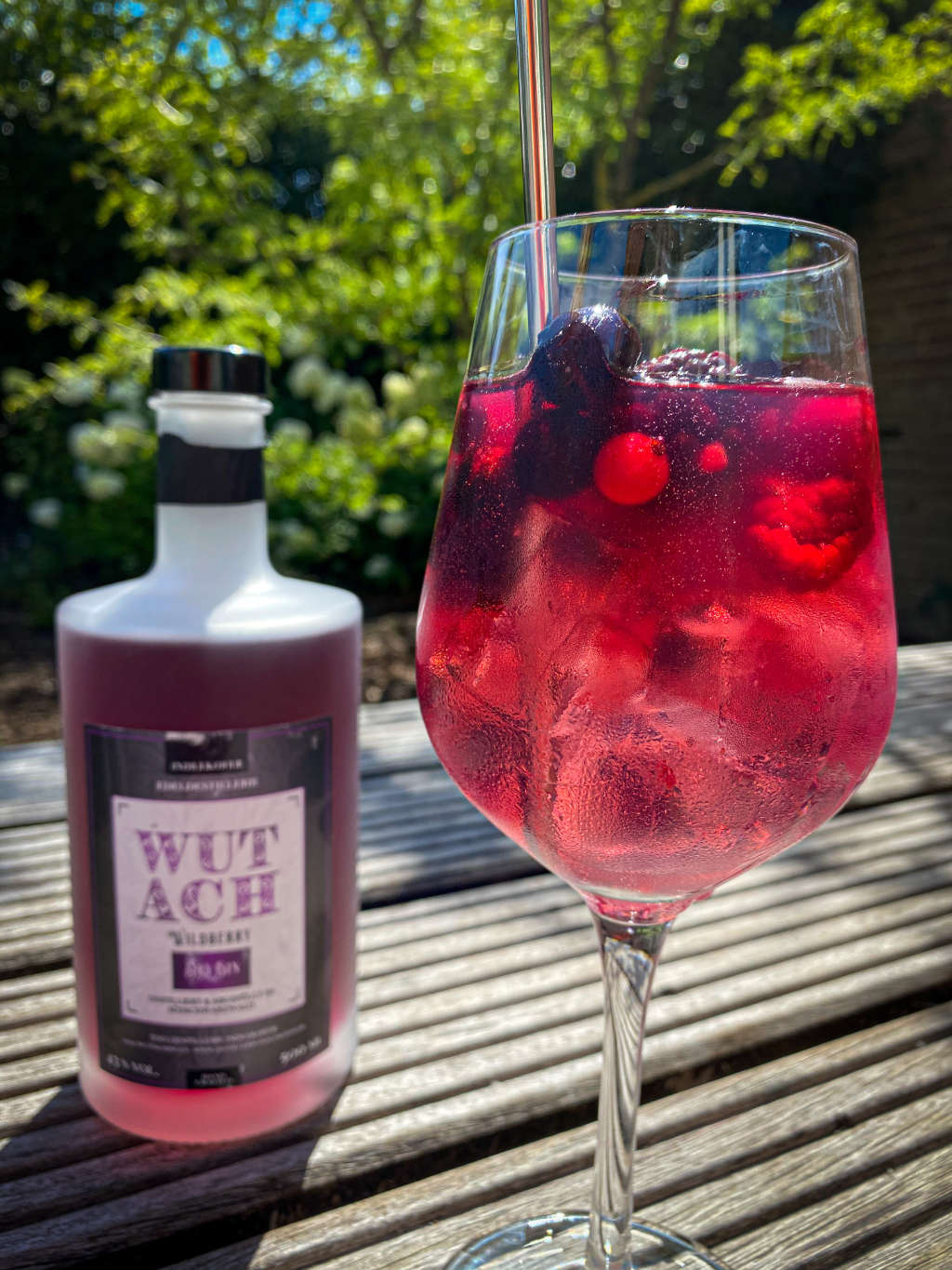 The photo showing a glas with red gin and tonic in a glas with ice cubes and wild berries. In the back a bottle of the gin.