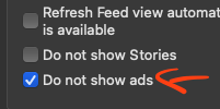 Part of a screenshot showing an option do not show ads.