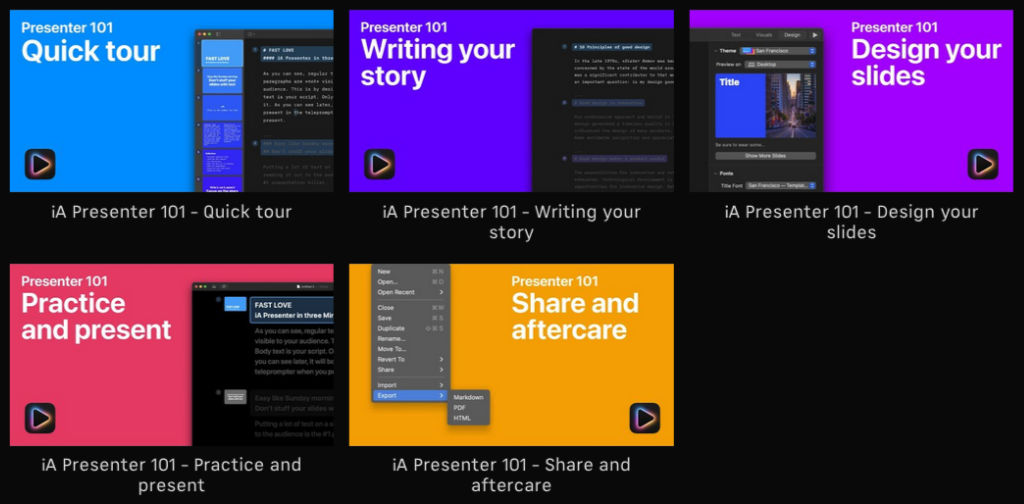 This image is showing a collection of 5 screenshots of how-to videos for iA Presenter