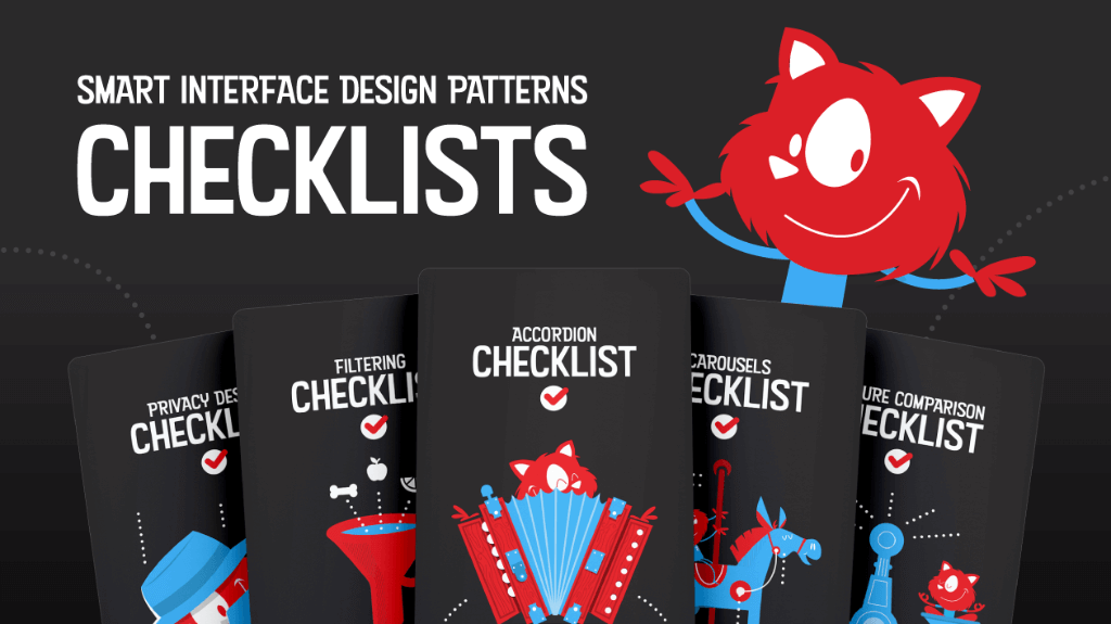 Image showing 5 cards of the checklist set with the Smashing Cat on the top right - headline is Smart Interface Design Patterns Checklists