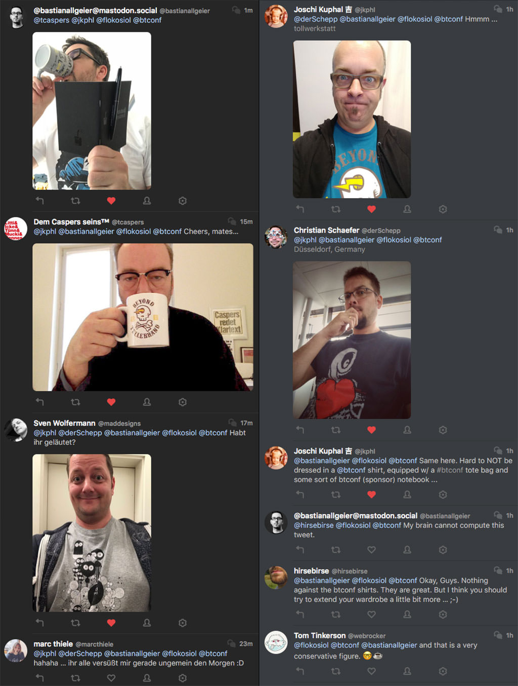 Screenshot showing a conversation on Twitter with people dressed in beyond tellerrand t-shirts
