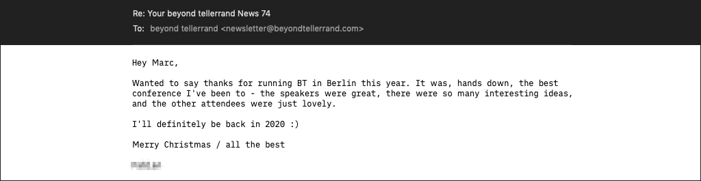 A screenshot of an email in which someone tells me how much he liked my event in Berlin 2019