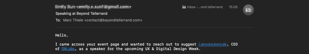 A screenshot from an email of someone suggesting their CEO as a speaker for beyond tellerrand.