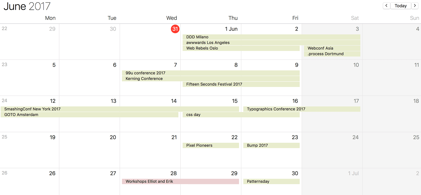 Calendar showing a high amount of events in June