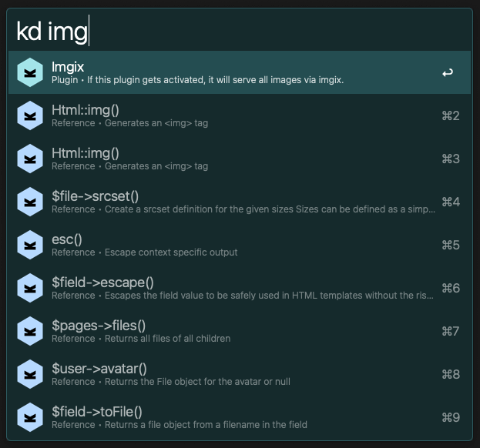 A screenshot of Alfred App showing how you can search the Kirby CMS documentation