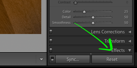 Screenshot showing a part of the Lightroom UI with an arrow pointing to the reset button