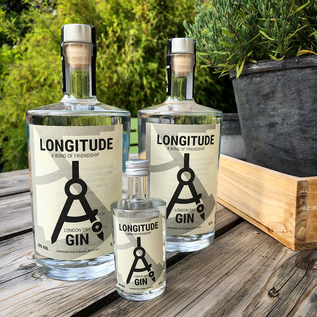 Photo showing Longitude Gin in three bottles