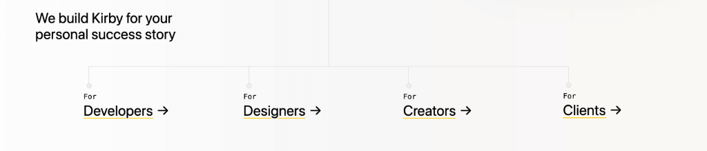 Screenshot of the footer navigation on the new Kirby website showing the different target groups