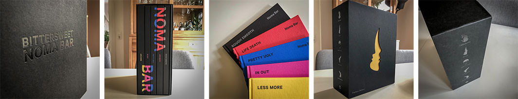 A set of photos from Bittersweet, a series of books by Noma Bar in a slidecase.