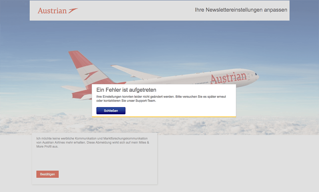 A screenshot from Austrian Airlines website showing an error