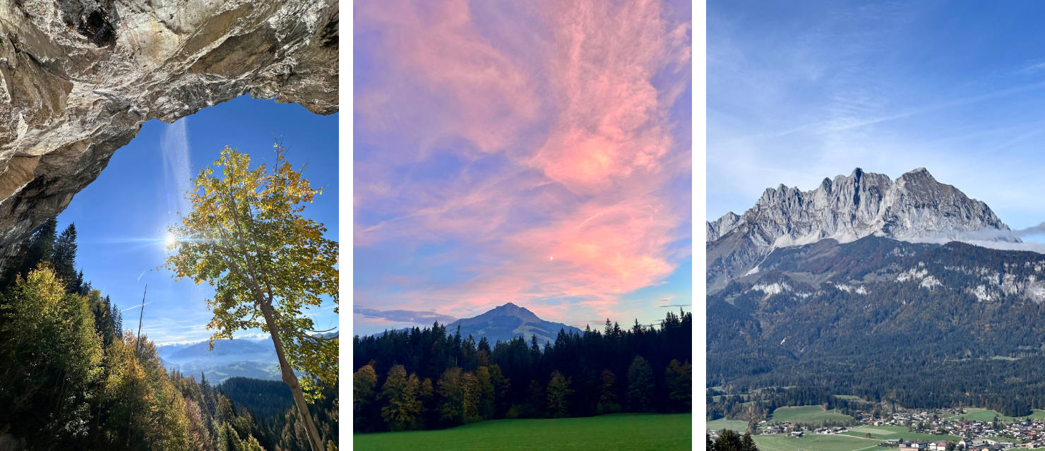 Three-photo collage of autumn landscapes. On the left, a view from inside a rocky cave opening framing a golden tree, forest, and blue sky with distant mountains. In the middle, a pink and orange sunset sky over a dark forest, a green meadow in the foreground, and a lone mountain peak in the distance. On the right, a dramatic jagged mountain range under a blue sky, with a small village nestled in the valley below surrounded by trees.