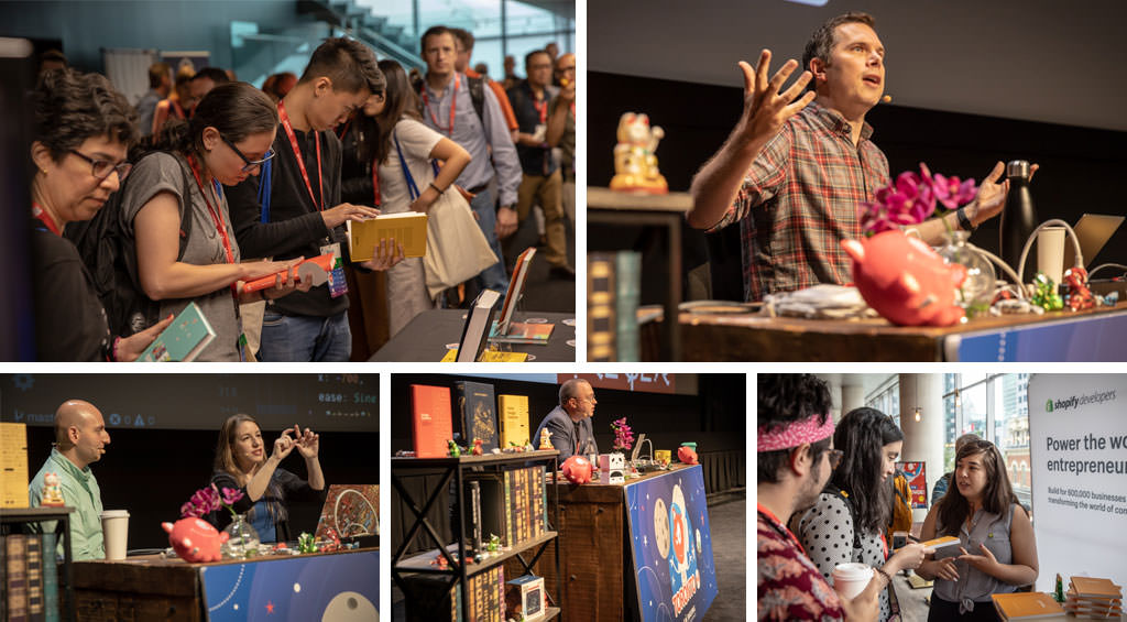 A collage showing a few speakers on stage at SmashingConf Toronto and people at sponsor booths