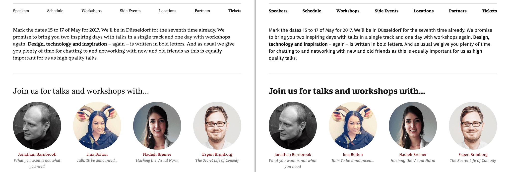 Screenshot of the events home page with speakers grid