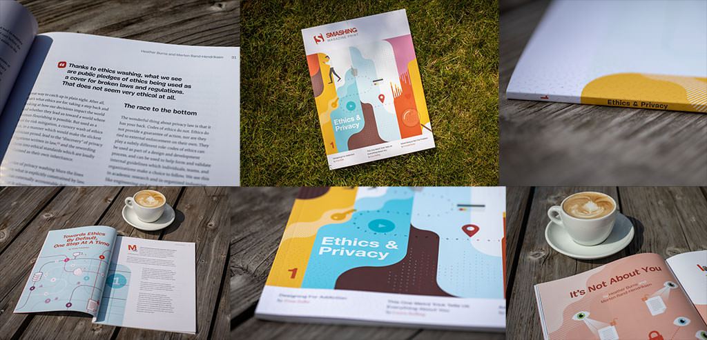 Image is a collage of 6 photos showing the new Smashing Print magazine in several angles