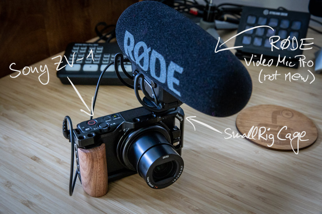 A photo showing my new Sony ZV-1 camera including a SmallRig cage and a Rode Video Mic Pro