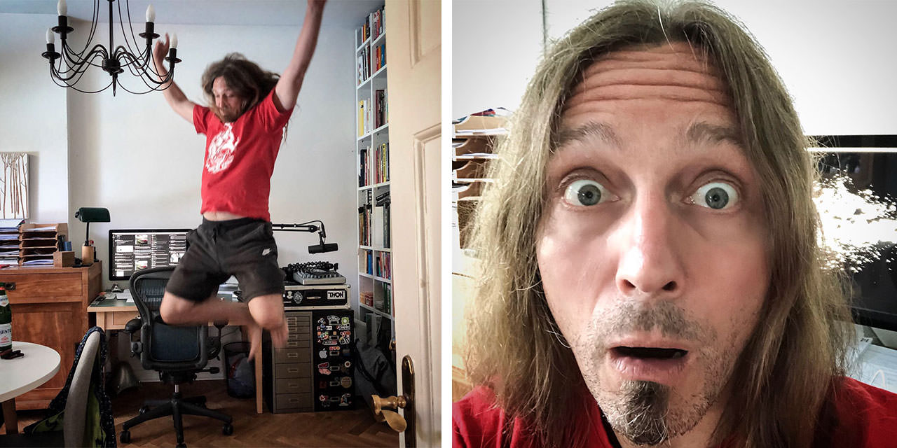 Two photos showing me. One happily jumping into the air, another one with an astonished face