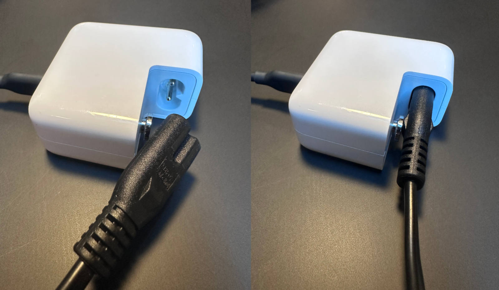 Side-by-side comparison of a white power adapter on a dark surface. On the left, the adapter is shown without a plug attached, revealing the socket, next to a disconnected figure-8 power cable. On the right, the same adapter is shown with the figure-8 cable plugged in.