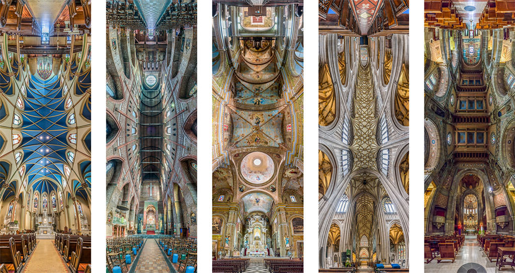 A collage showing 5 photos of churches, photographed in kind of a 360 degree way