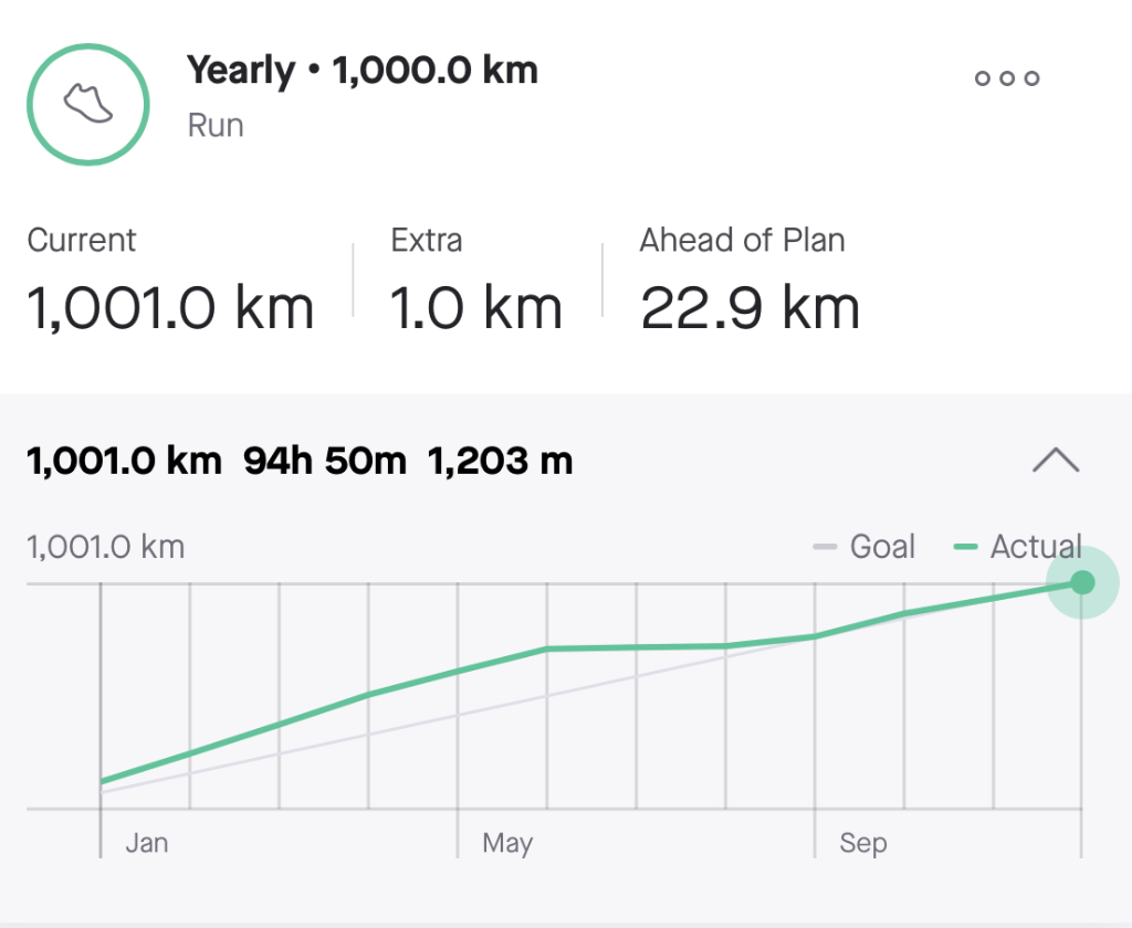 Screenshot of my Strava account showing that I reached my 1000km running goal this year